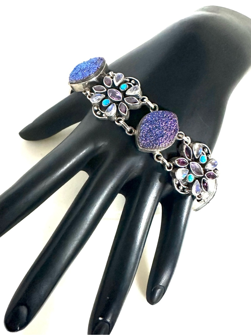 NICKY BUTLER STERLING SILVER 925 DRUZY, AMETHYST & MOONSTONE BRACELET
